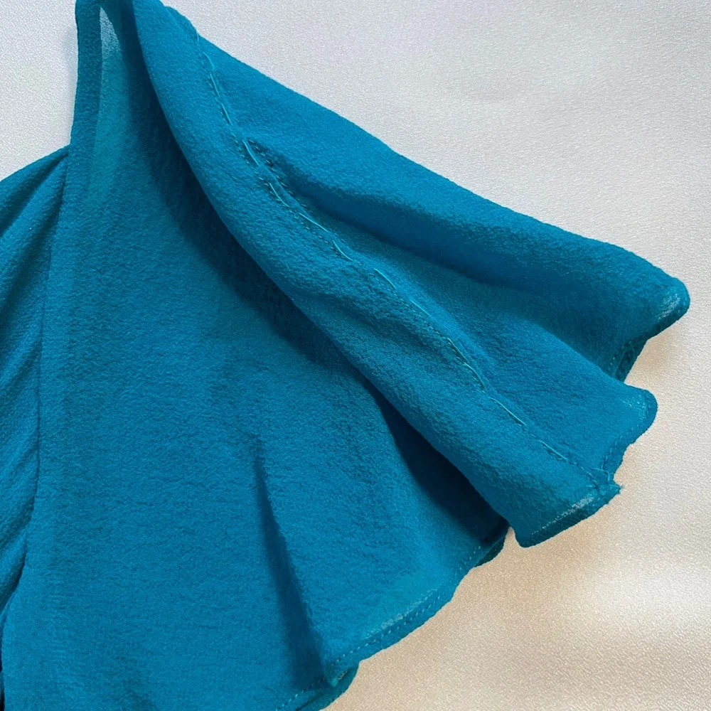 SPENSER JEREMY Gorgeous Teal Flutter Sleeve Cowl Neck 100% Silk Midi Dress Sz 6 - Picture 10 of 14